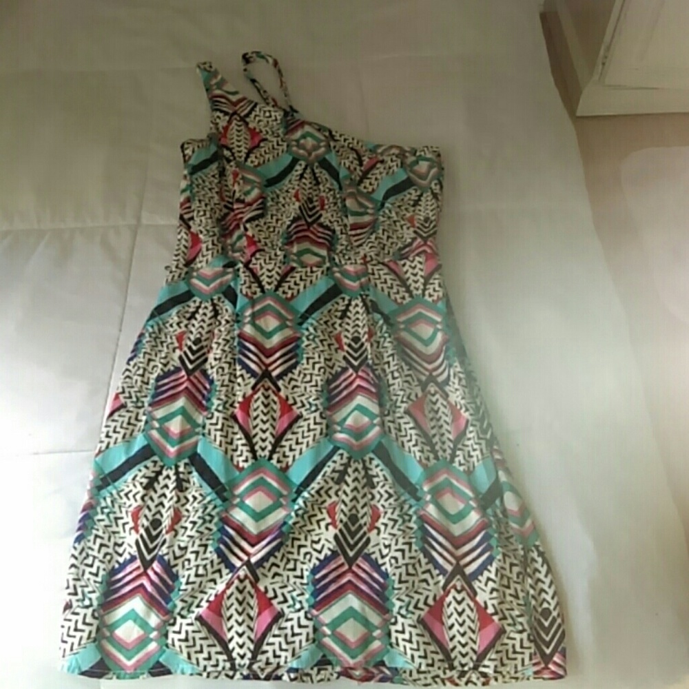 Multi colored two straps off one shoulder dress..